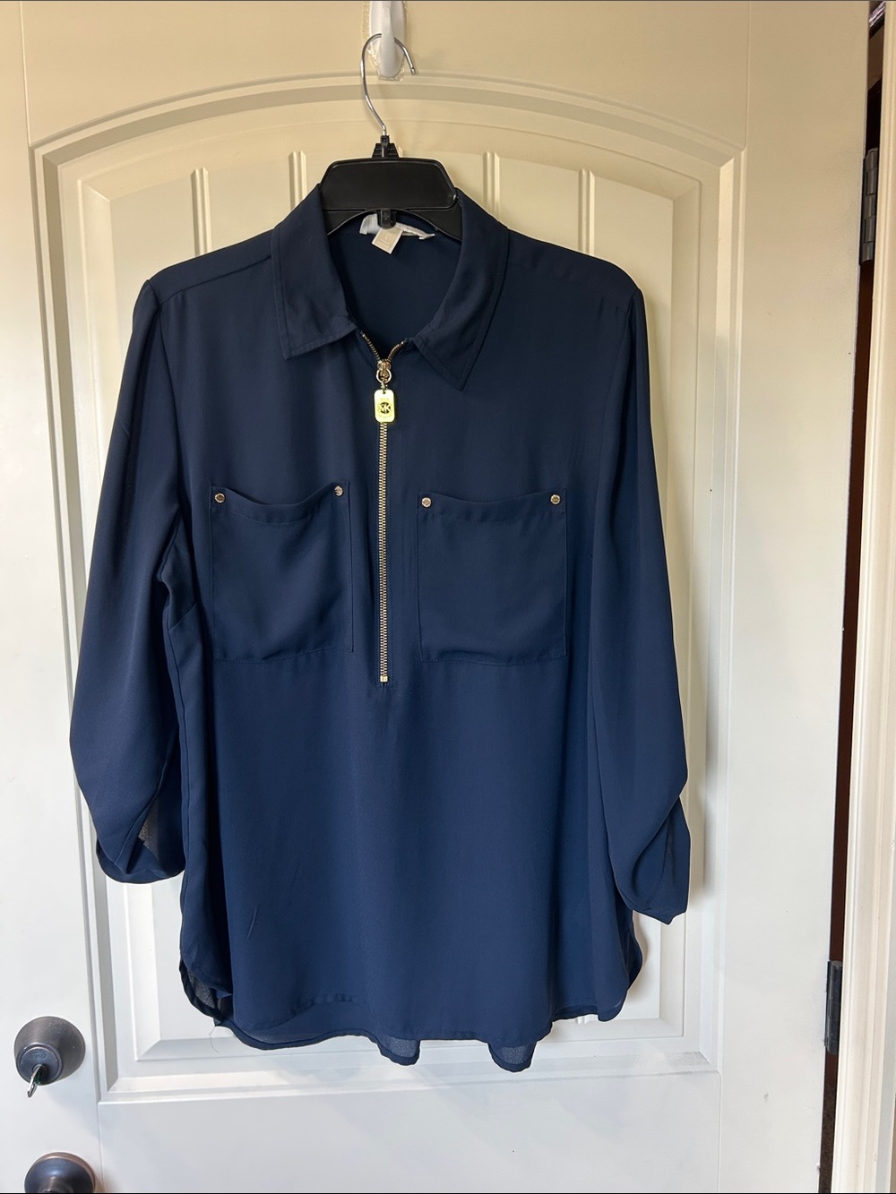 Michael Kors Navy Blue Zip-Pocket Blouse Size Large - Picture 7 of 7